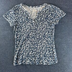 Columbia Womens Navy Blue Floral Henley Short Sleeve V-Neck T-Shirt Size Medium